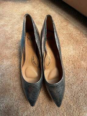Söfft Metallic Silver Crackled Leather Pointed Toe Kitten Heel Pumps